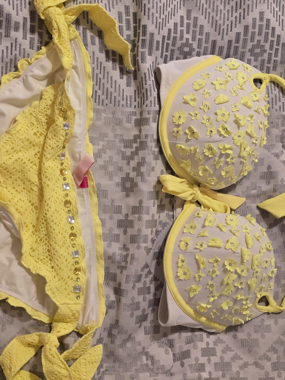 Victoria's Secret Yellow Floral Appliqué Bikini Set with Rhinestone Trim